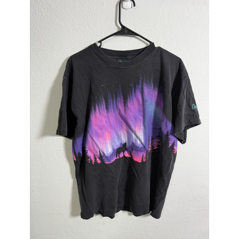Vintage‎ 90s Wolf Northern Lights Habitat Size L Single Stitch T Shirt